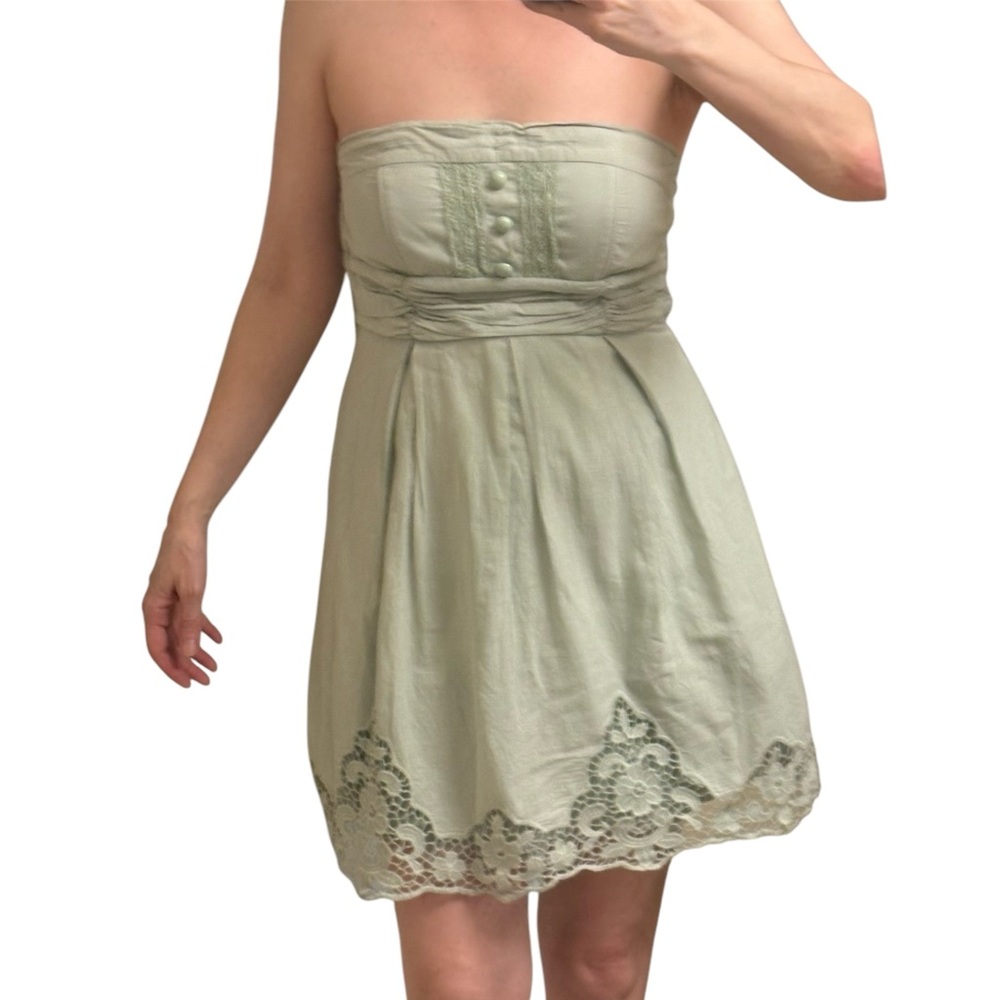 City Triangles Light Shade of Green Strapless Mini Dress Lace, Tulle Lining.